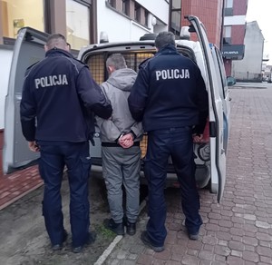 Dwóch umundurowanych policjantów trzyma zatrzymanego mężczyznę, który ma zapięte kajdanki na ręce trzymane z tyłu. Stoją przed radiowozem z otwartymi tylnymi drzwiami.