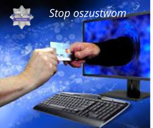 Zdjęcie z napisem stop oszustom, logo komendy.