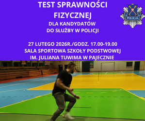 Informacja o testach sprawnościowych do Policji wraz z terminem. Pod napisami ćwiczący mężczyzna.